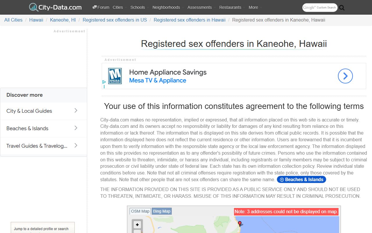 Kaneohe Hawaii sex offender statistics and registry data