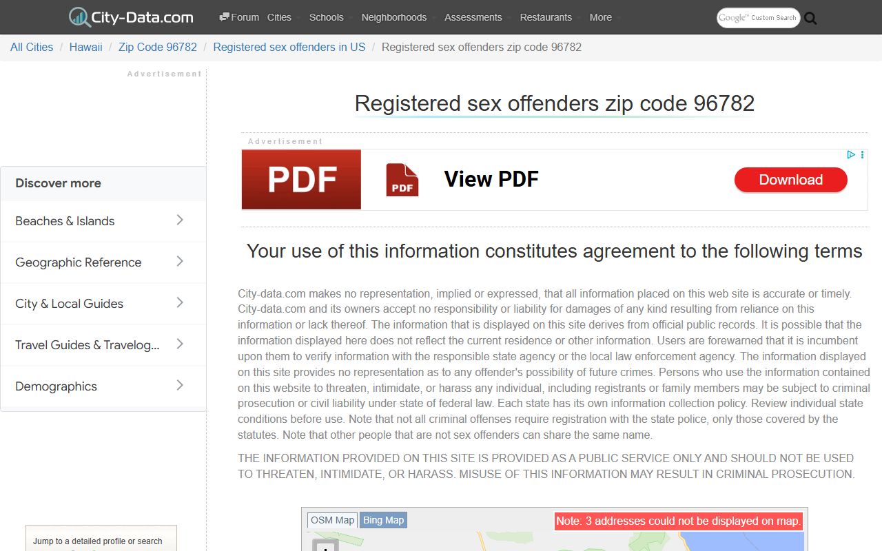 Pearl City zip code 96782 sex offender statistics and registry data