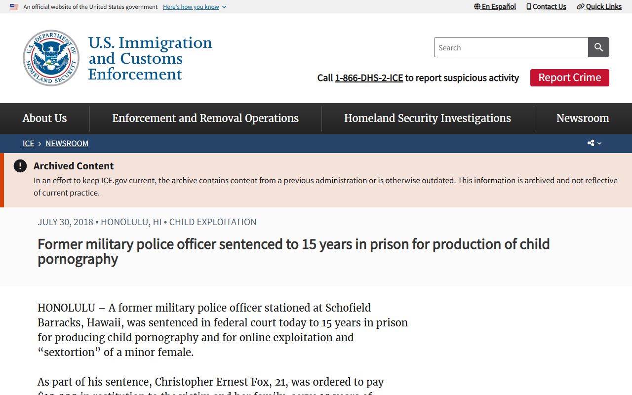 Former Schofield Barracks military police officer federal case for production of child pornography