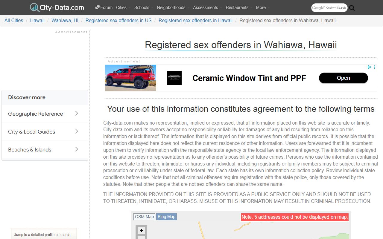 Wahiawa sex offender statistics and registry data for central Oahu