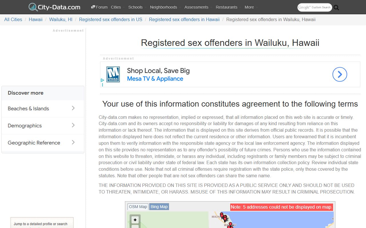Wailuku Maui County sex offender statistics from the Hawaii Criminal Justice Data Center
