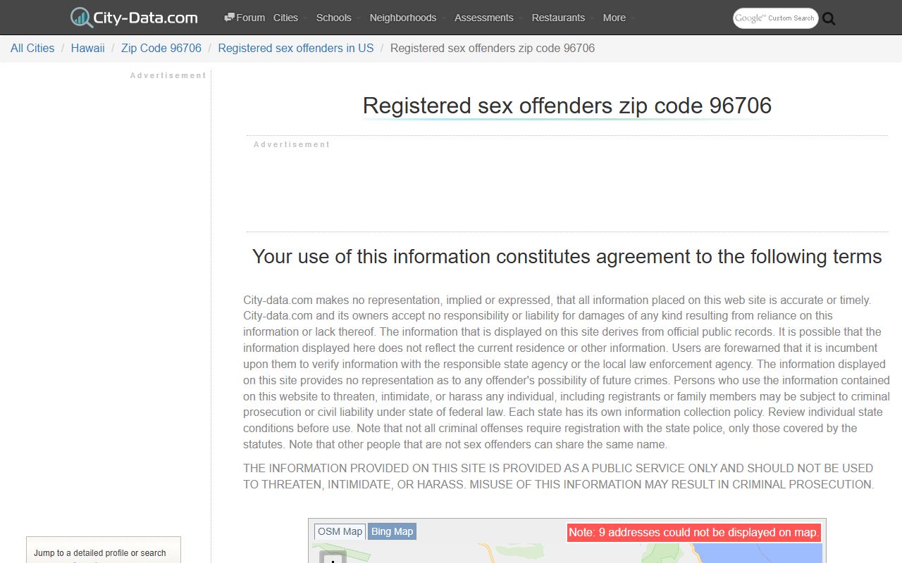 Ewa Beach zip code 96706 sex offender count and registry statistics for Honolulu County