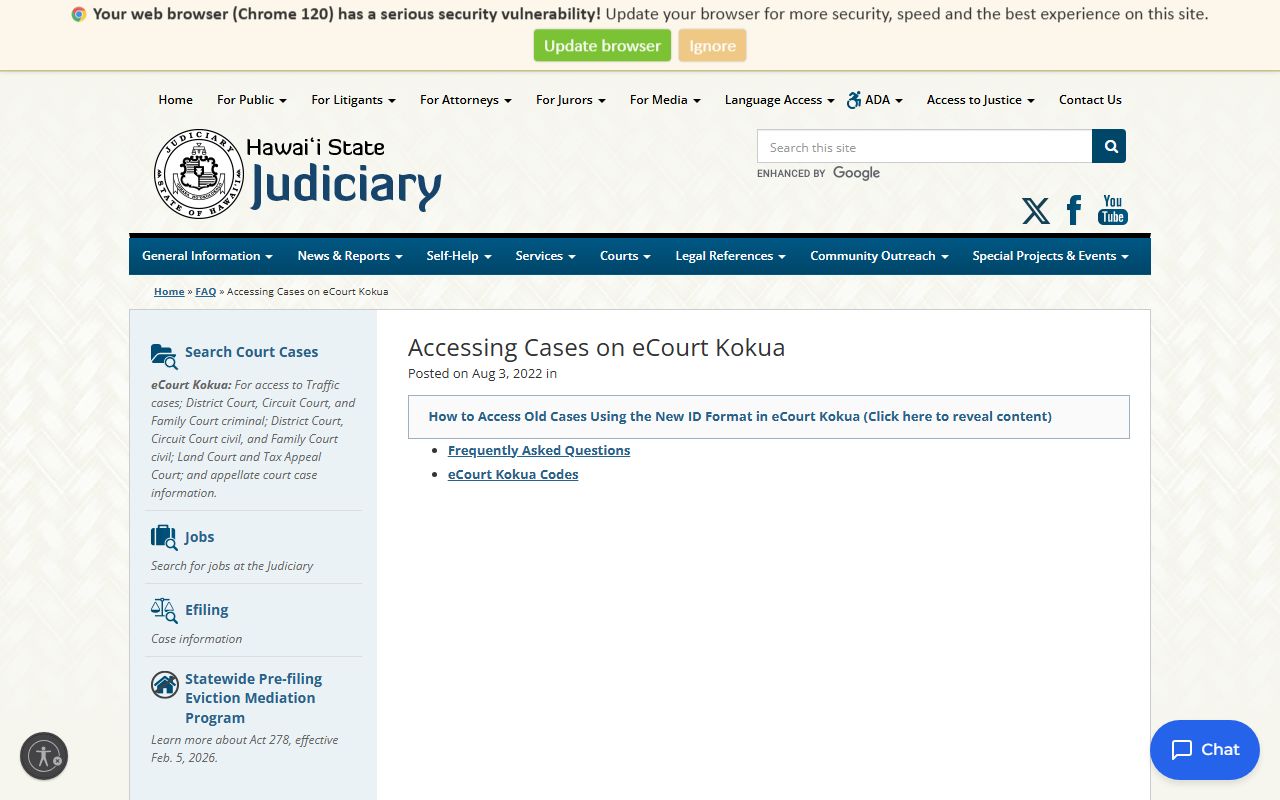 Waipahu court records access via Hawaii eCourt Kokua system for sex offense cases