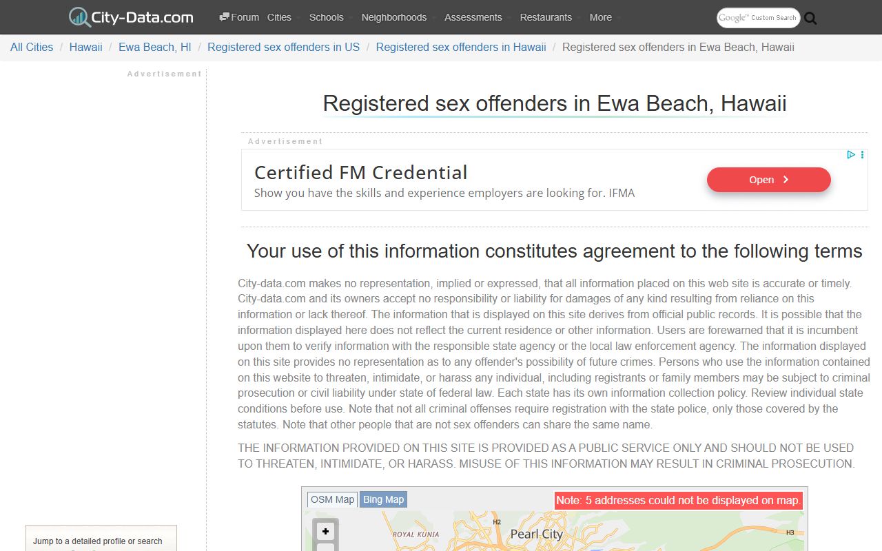Ewa Beach area sex offender statistics including Ewa Gentry zip code 96706