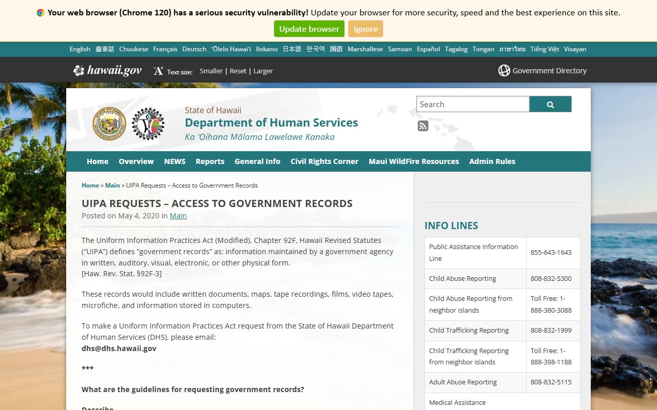 Hawaii DHS UIPA public records request information for Mililani Town sex offender registry access