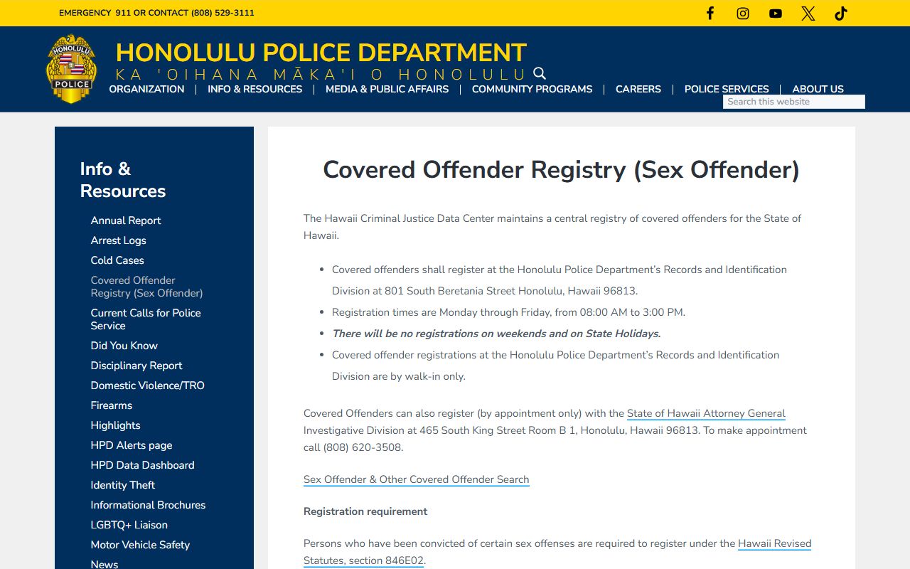 Honolulu Police Department covered offender registry information