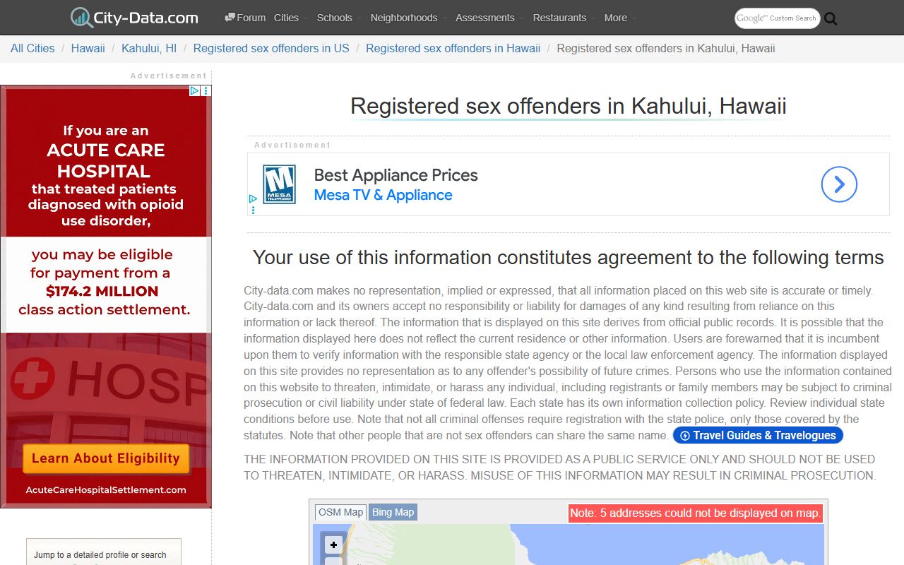 Kahului Maui County sex offender statistics and registry data