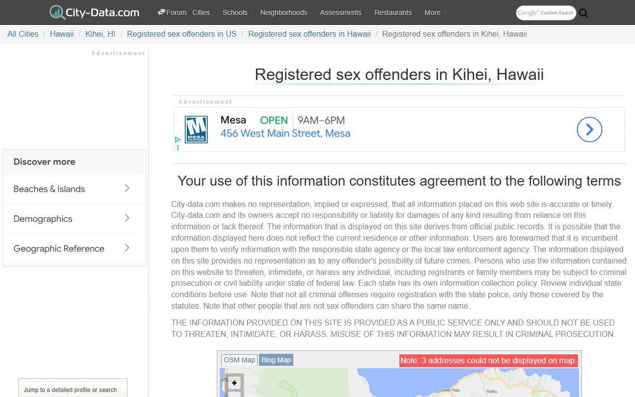 Kihei Maui County sex offender statistics and registry information