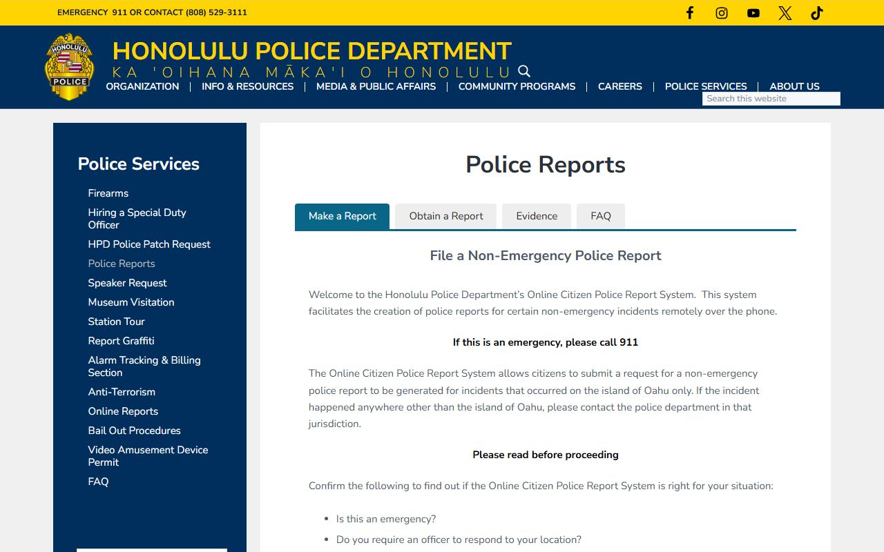 Honolulu Police Department police reports and records division