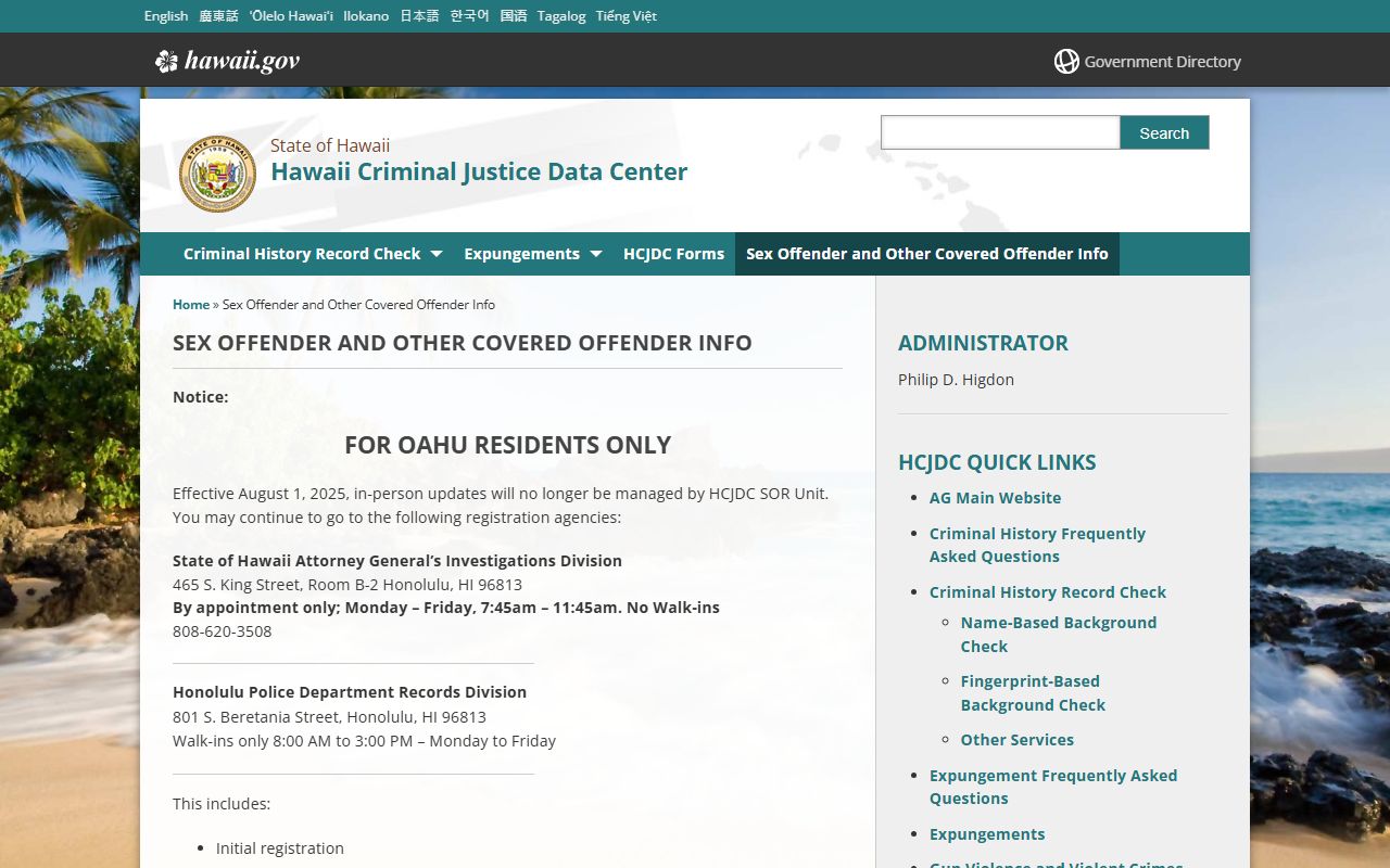 Hawaii HCJDC sex offender registry information and registration procedures