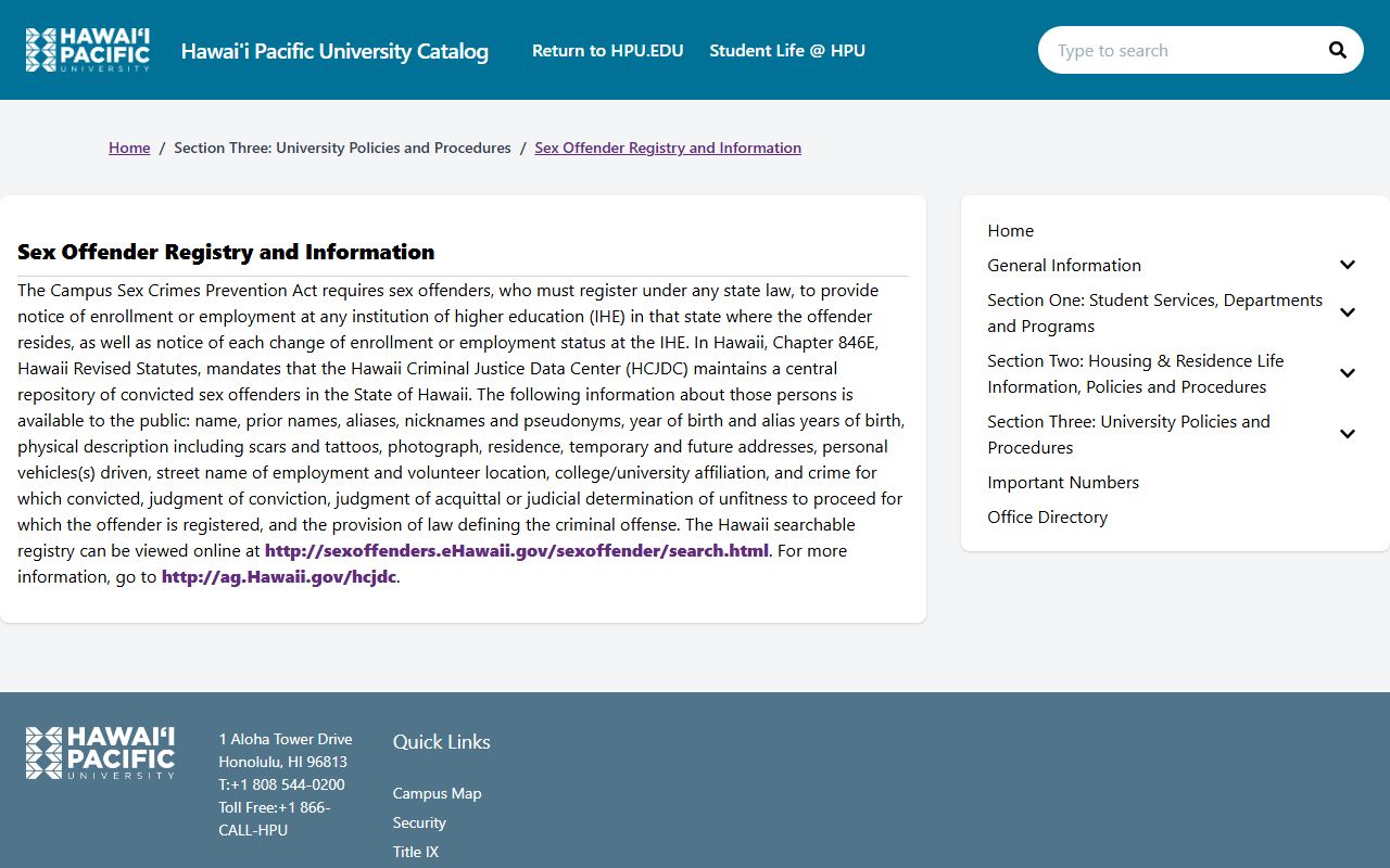 Hawaii Pacific University sex offender registry information for campus community