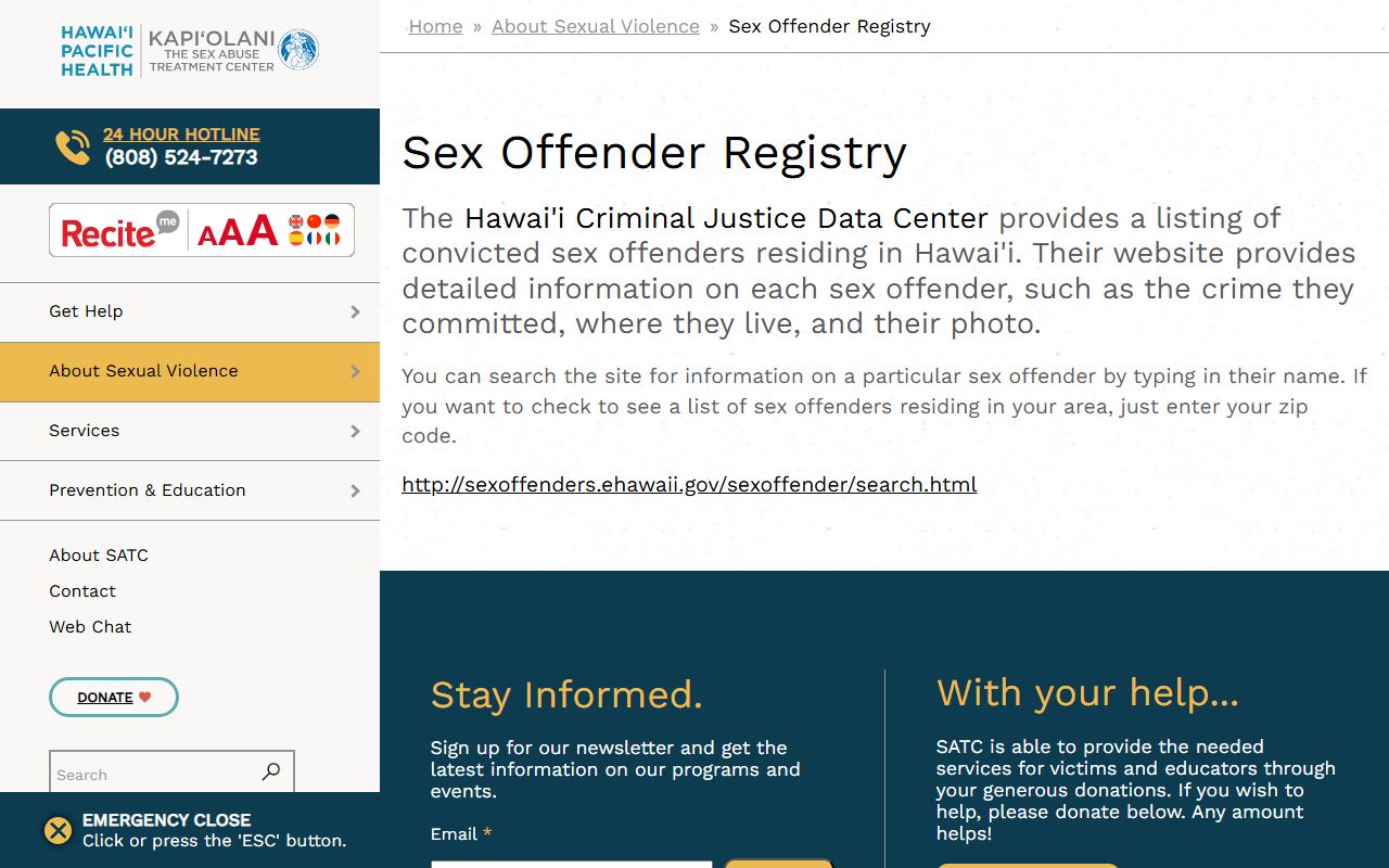 Sex Abuse Treatment Center Hawaii providing sex offender registry resources and survivor support