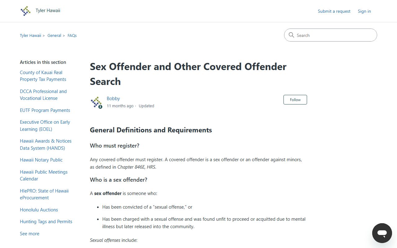 Tyler Hawaii support documentation for sex offender registry search
